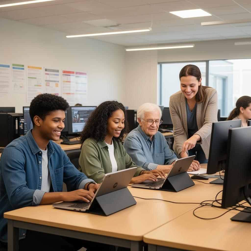 Diverse students of various ages learning together in a computer lab with an instructor helping nearby