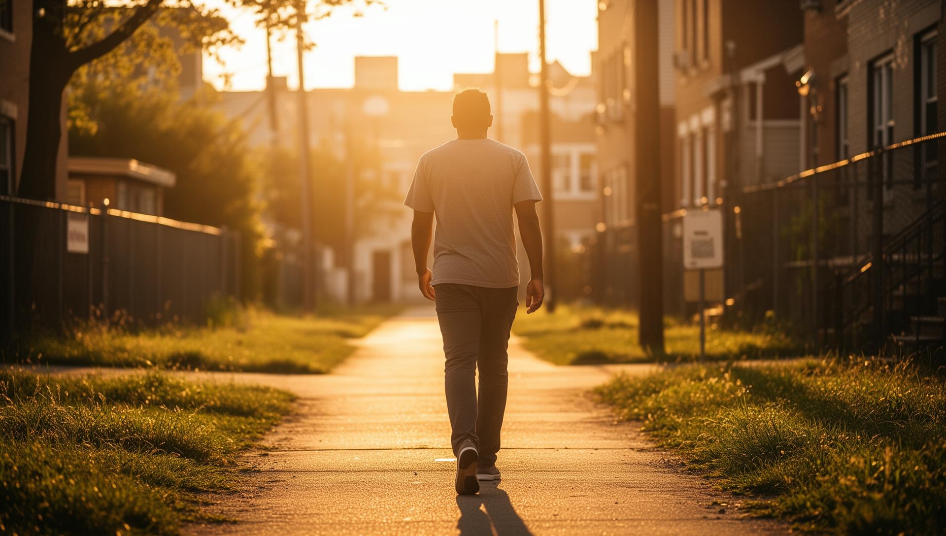 Person walking forward on a sunlit path